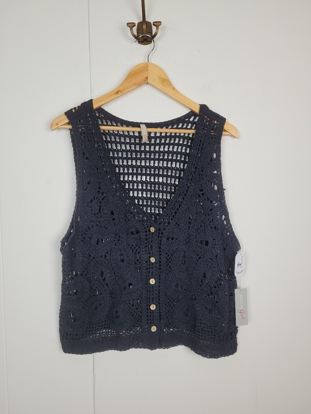 Bloom Girl Medium Black Crochet Open Knit Button Front Vest
